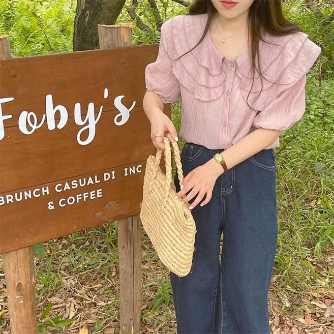 COSYEVNO 여성 봄 여름 반팔 퍼프 소매 프릴 카라 크롭 블라우스 LFHnsdx-3