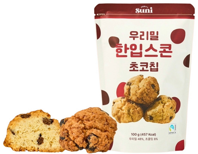 착한빵수니 우리밀 한입스콘 초코칩 100% 우리밀 공정무역 건강한 한입 스낵, 1개, 100g