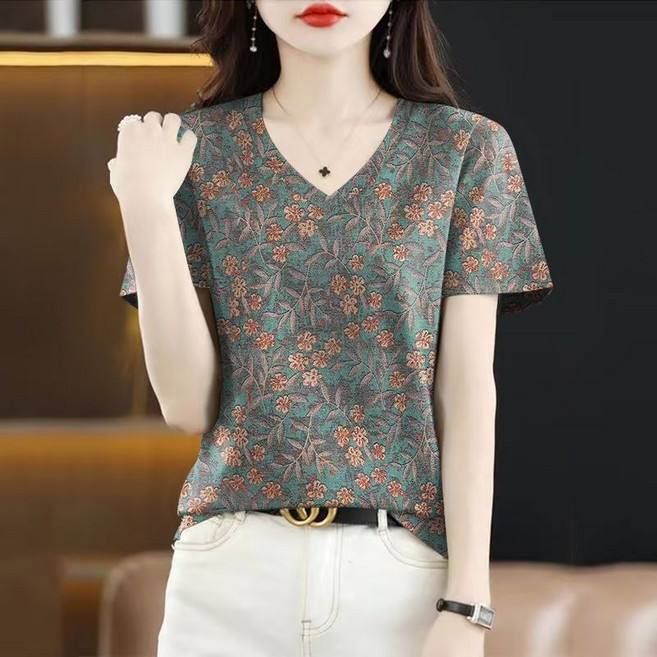 중년 여성 빅사이즈 브이넥 반팔 티 여름 엄마룩 스판 순면 패션 루즈핏 시크 아이스 프린트 하객룩 아우터 상의