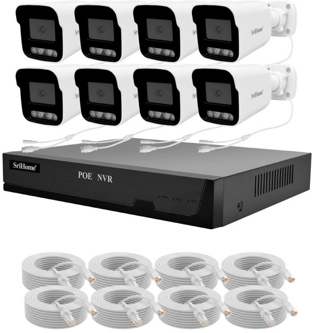 聆翔 PoE 監視器套裝 500萬像素八路 NVR 主機 支援手機觀看語音對講與智慧夜視人形追蹤, 1個, 8個槍型攝影機+NVR主機,無