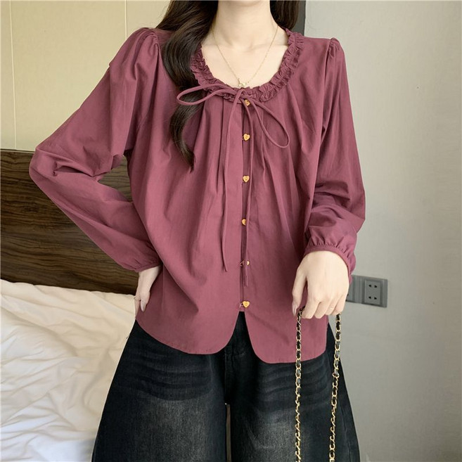 Makone 여성 라운드넥 프릴 솔리드 벌룬소매 리본포인트 프렌치 루즈핏 큐티 데일리 블라우스