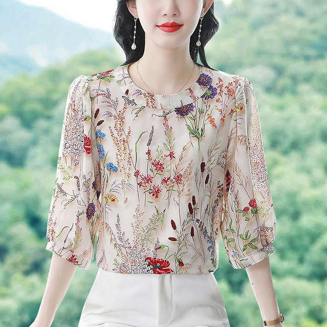 중년 여성 여름 쉬폰 반팔 티셔츠 루즈핏 블라우스 상의 캐주얼 기질 7부소매 블라우스 셔츠 CY