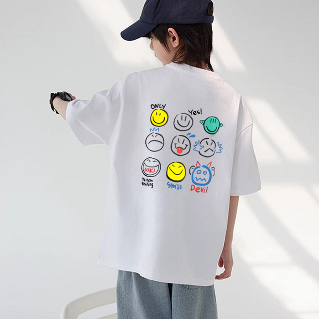 FONOW 주니어옷 키즈티셔츠 순면 100% 트렌디 캐릭터 스마일 가족티 반팔티셔츠