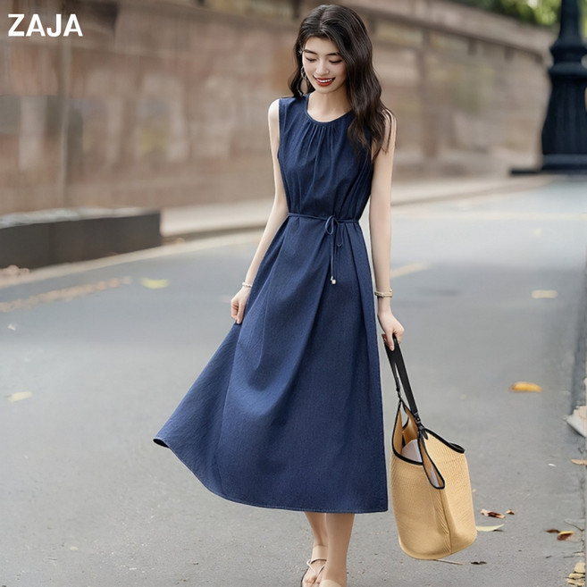 ZAJA 여성 나시 데님 롱원피스 A라인 일상룩