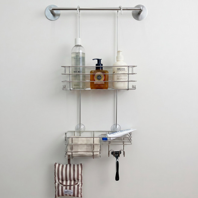 딜라이트홈 2단 304스테인레스 무타공 걸이형 수납바스켓 물빠짐 욕실바스켓 욕실선반 주방선반, 1개