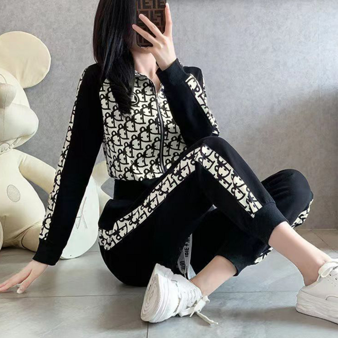 Skyciky 여성용 봄가을 긴팔 집업 트레이닝 세트 슬림핏 조거팬츠+와이드팬츠 조깅복 투피스 ZM1312