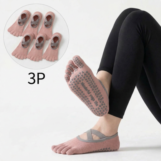 상덕 요가 양말 발가락 양말 3P 세트 미끄럼 방지 크로스 밴드 필라테스 양말 여성 운동 양말