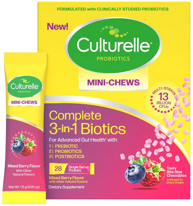 컬처렐 컴플리트 3-인-1 바이오틱스 믹스드 베리 플레이버 미니 츄, 1개, 28개입
