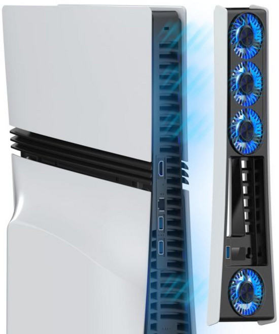 MEQI PS5 쿨링 팬 액세서리 업그레이드된 조용한 쿨러 LED 조명 및 USB 3.0 허브 PlayStation 5 디스크/디지털 에디션용 효율적인 스테이션, PS5 Pro Fan Plus