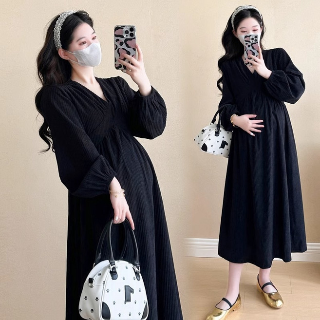 임산부 원피스 봄 가을 캐주얼 긴팔 임부 원피스 루즈핏 미디 임부 원피스 CY