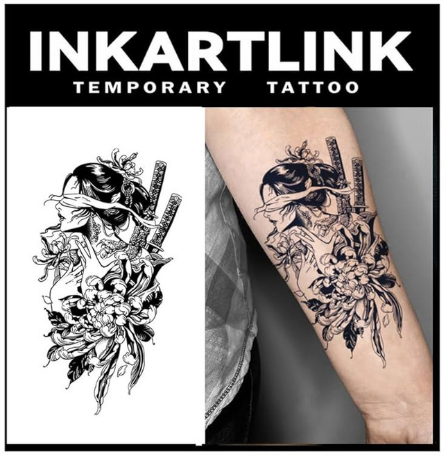 INKARTLINK 2매 초대형 영구 임시 성인 아트 디자인 방수 사실적 없음 반사 2주 지속 이중 블레이드 워리어, Japanese style 20