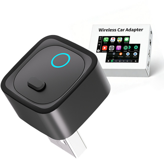 Allilio 미니 무선 스마트 자동차 어댑터 미러링 동글 애플 카플레이 안드로이드 오토 2 in 1 원버튼 조작, 블랙, CarPlay / Android Auto