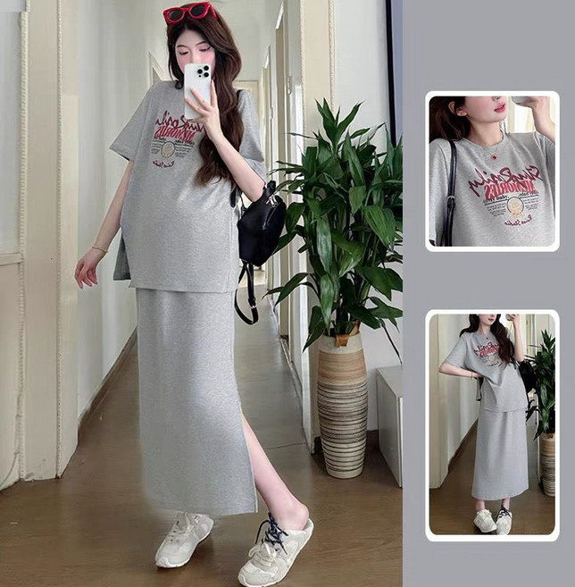 임산부 여름 세트 캐주얼 반팔 상의 하이웨이스트 트임 롱 스커트 상하의 투피스 루즈핏 기질 임부 세트 CY