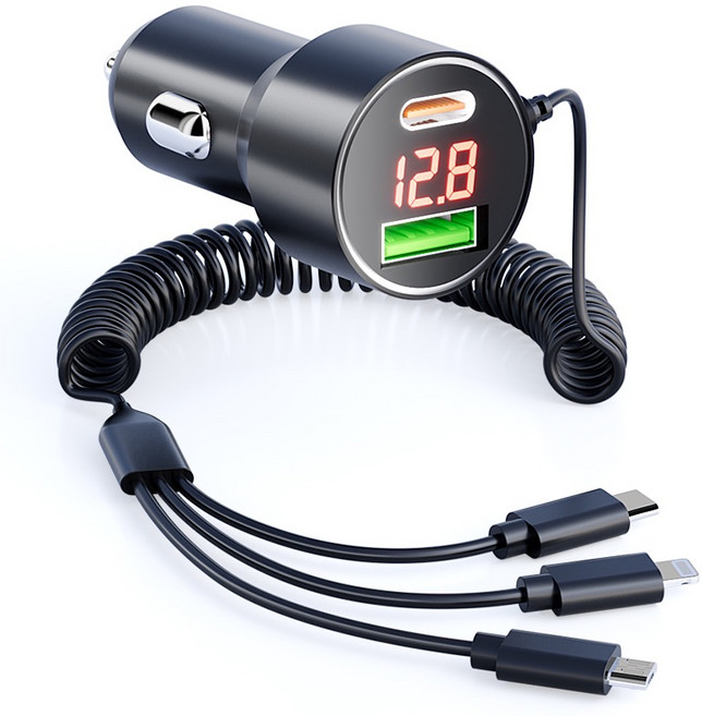 차량용 초고속 시거잭 충전기 75W, 2포트+3in1 고속 충전 케이블