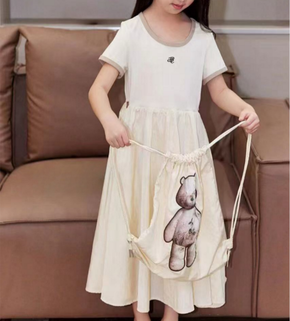 하와즈 배색 반팔티 원피스 곰돌이 프린트 배낭 세트 주니어 롱 원피스