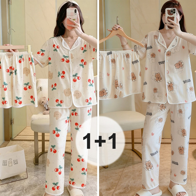 Belua 1+1 여성 여름 반팔 잠옷 홈웨어 상의 반바지 긴바지 3종세트 빅사이즈 오버핏 파자마