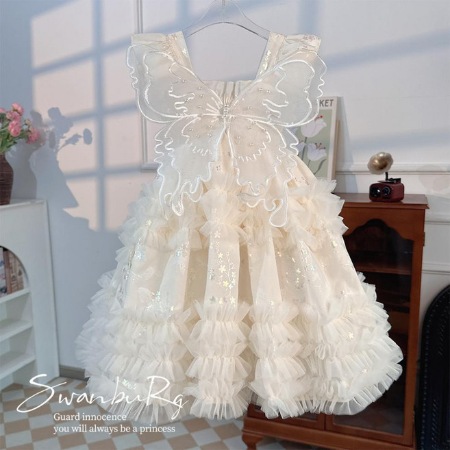 DFMEI 女童連衣裙吊帶白色婚紗夏裝禮服無袖公主裙女孩蓬蓬紗蝴蝶蛋糕裙