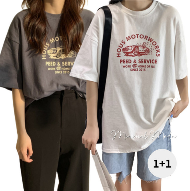 미니멀모다 모터워크 오버핏 사계절 데일리 여성 반팔 티셔츠 2장