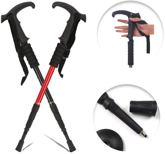 아쥬르코어 3단 듀랄루민 트래킹폴 T자형 등산스틱, 레드, 1개