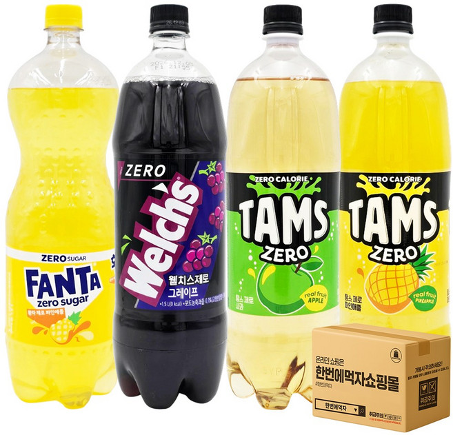 [한번에먹자] 저칼로리 1.5L 4종 제로 탄산음료 세트 ( 웰치스 포도 + 환타 파인애플 + 탐스 사과키위 + 탐스 파인애플 ) 당구장 식자재 사무실음료 가정용 업소용 탕비실, 4개
