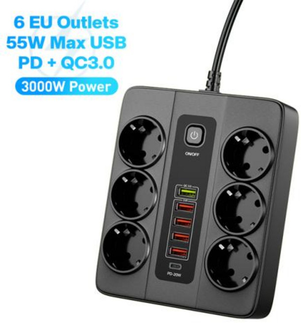 EU 전원 스트립 유럽 플러그 어댑터 연장 코드 USB 충전기 포함 멀티 플러그 PD C 충전기 아이폰 13 12 11 용 3000W, 1개, 4.EU Plug  PD QC3.0 1PC Black