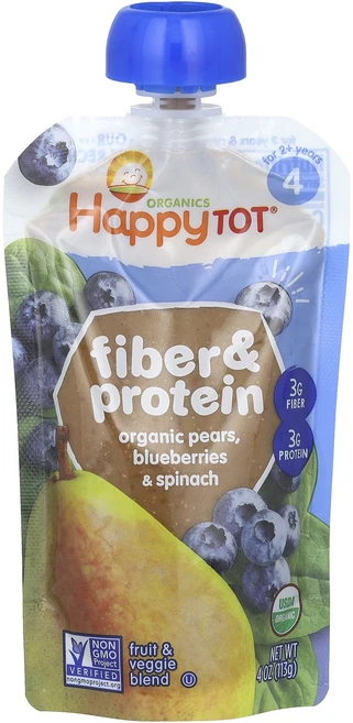 Happy Family Organics Happytot 섬유소 및 단백질 유기농 배 블루베리 및 시금치 113g(4oz), HappyFamilyOrganicsHappytot섬유소, 113g - 쿠팡