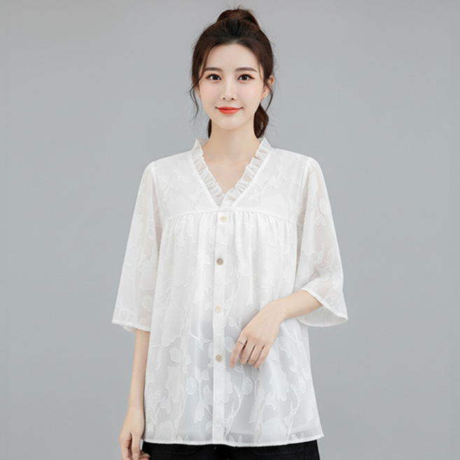 여성 여름 레이스 블라우스 셔츠 루즈핏 플라워패턴 시스루 반팔