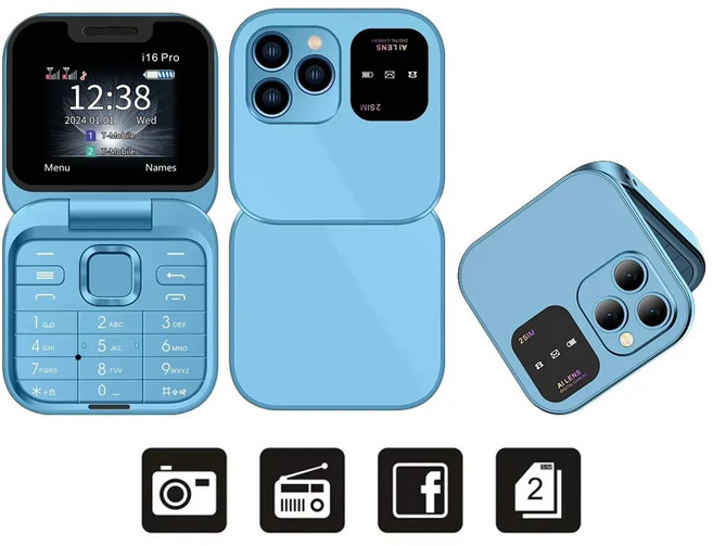 서보 I16 프로 미니 폴드 휴대 전화 2G GSM 듀얼 SIM 카드 스피드 다이얼 비디오 플레이어 매직 음성 3.5mm 잭 FM 소형 플립 핸드폰, blue