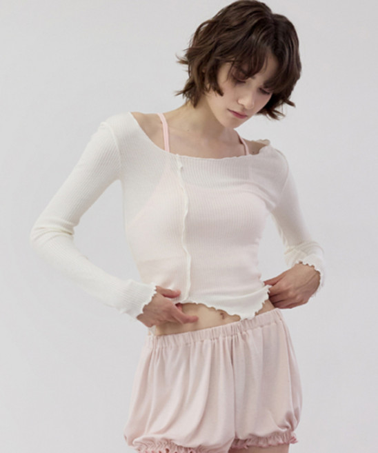 DEVIWEAR 데비웨어 여성 요가복 DEVI-T0112-아이보리 필라테스 웨이븐 프릴 롱슬리브 740864