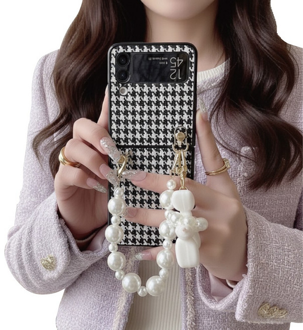 HAILO 진주 스트랩 강아지 키링 가죽 체크 패턴 케이스