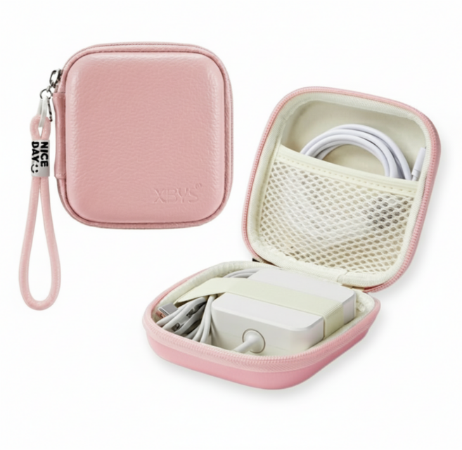 더심플러 USB 케이블 충전기 선정리 한번에! 미니 컬러 선 정리함 스트랩 손 끈 있는 핸드폰 휴대폰 충전기선 선정리 케이스 해외여행 필수품 준비물 소형 디지털 보관 파우치, 1개, 핑크(스트랩)