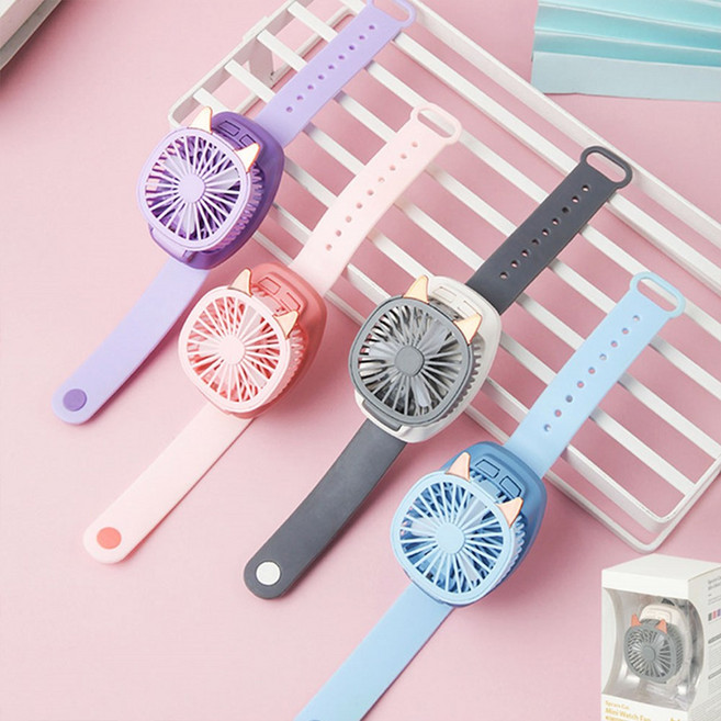 마카롱 손목선풍기 LED 팔찌 미니 초소형 휴대용 선풍기 USB충전, 마카롱블루