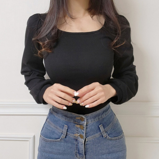 여성 골지 퍼프 셔링 스퀘어넥 긴팔티 글램 슬림 봄 가을 데일리 이너 레이어드 티셔츠