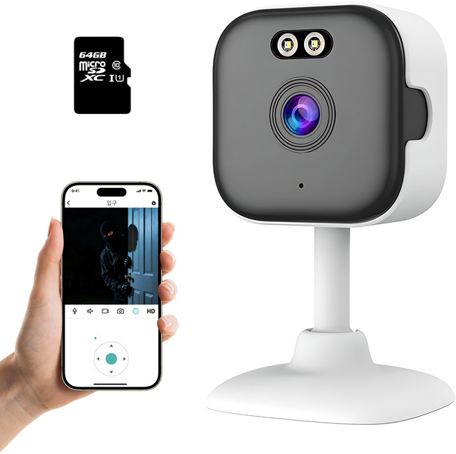 RUN기술 일레닉 초소형 WiFi 홈 보안 카메라 실시간 모니터링 무선 CCTV, 화이트+64G 메모리 카드, 1개