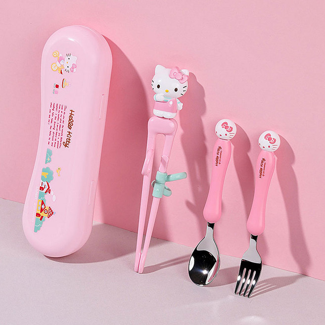 홈앤키즈 더스틱 맥스 젓가락 스푼포크 케이스 4P세트 헬로키티 왼손용 왼손잡이 1단계 교정젓가락 교정용젓가락 유아 아동 어린이 수저세트 단체선물, 1개, 더스틱 맥스젓가락스푼포크케이스4P세트 왼손용 헬로키티