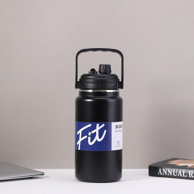 Fit 不鏽鋼保溫杯 戶外便攜運動水壺, 黑色, 1套, 1500ml