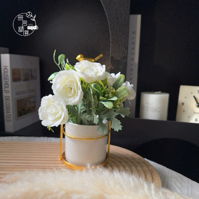 無名精選 仿真花小盆栽 北歐鐵藝鳥架絹花擺飾, 米白花（鳥架+絹花一組）