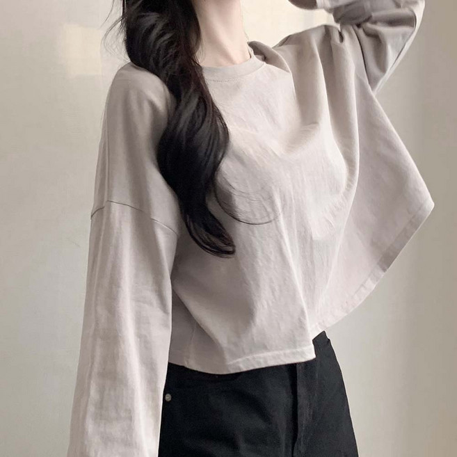 무지크롭 박스티 오버핏 박스기본크롭 티셔츠 세미크롭 긴팔 이너 기본긴팔티셔츠