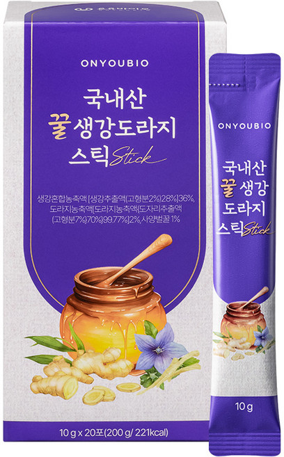 [온유바이오] 우리땅에서 자란 귀한 국내산 꿀생강 도라지 스틱 20포 1BOX, 1개, 20회분