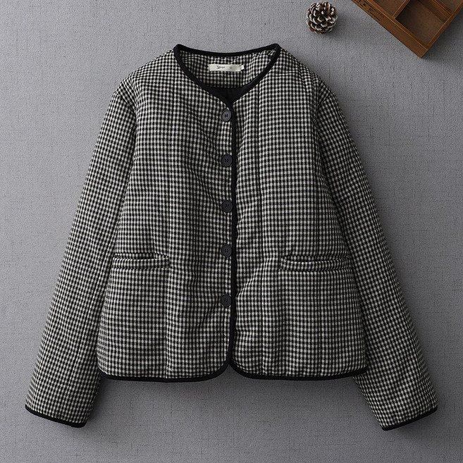 POMTOR 여성 가을 겨울 루즈핏 빅사이즈 체크 경량 누빔 숏 패딩