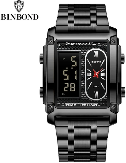 BINBOND 남성용 크리에이티브 스틸 밴드 쿼츠 전자 시계 이중 무브먼트 다기능 방수 학생 패션
