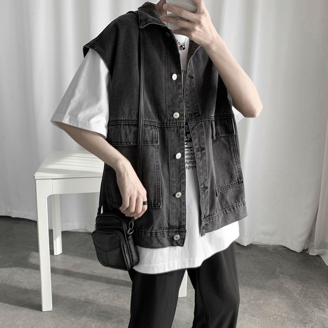 뉴타임즈13 남성 데님 청조끼 대학생 루즈핏 여행 가을 겨울 2010MJ9257Z