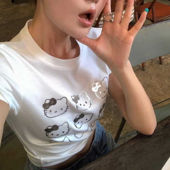 티류으스 여성 실버 라인 키티 라운드넥 순면 스판 슬림 반팔 티셔츠
