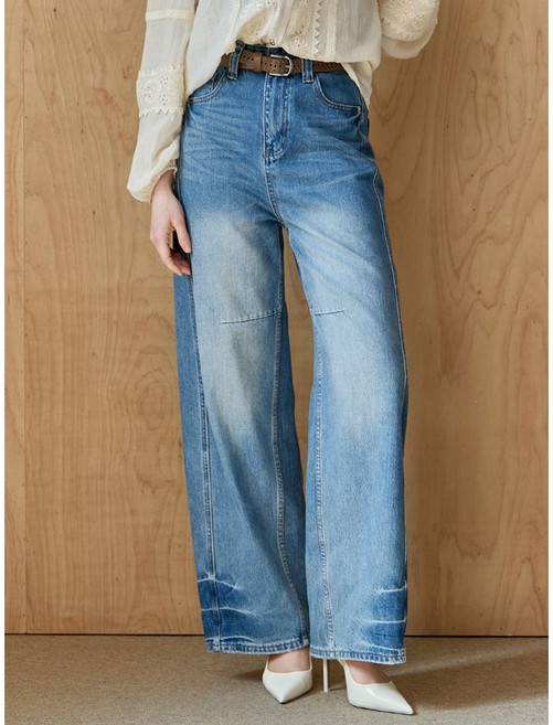 [마쟈] 입체 절개 와이드 워싱 데님 팬츠