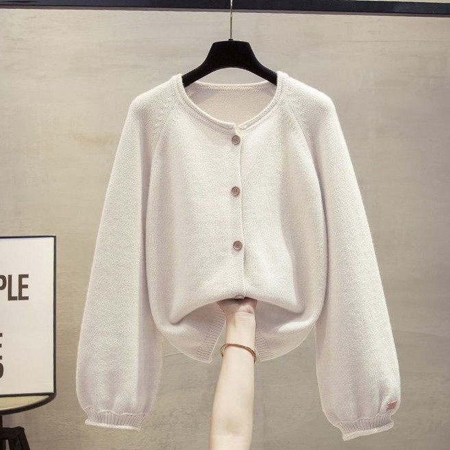 AOKADA 여성 가을 겨울 루즈핏 라운드 벌룬소매 니트 점퍼 가디건