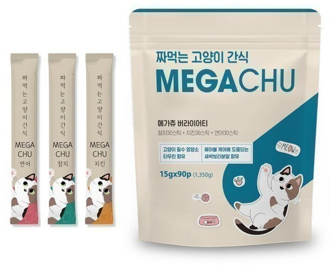 메가츄 짜먹는 고양이 간식 츄 90스틱 대용량, 연어+치킨+참치, 15g, 90개