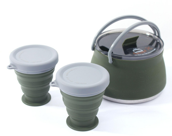 야외 캠핑 접이식 실리콘 냄비 휴대용 스테인리스 조리기구, 다크그린, 1개, 세트 6