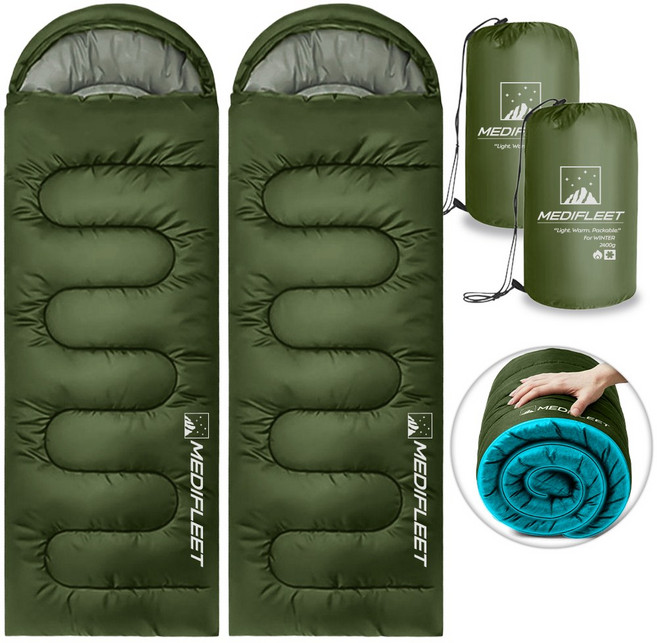메디플릿 겨울용 머미형 야외 캠핑 침낭 + 수납가방, 2개, 올리브 카키 (2400g)