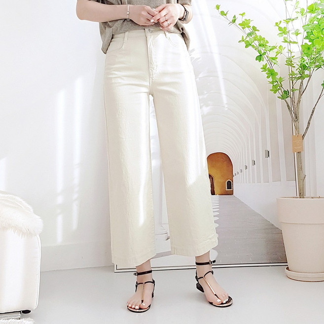 103st 여름 와이드 팬츠 8부/여성 하이웨스트 밴딩 스판 면 통바지 S~3XL 빅사이즈