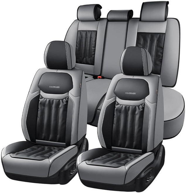 Coverado Car Seat Covers Covers for Cars 5 Seats Full Set Protector Waterproof Nappa Leather Cu, 풀 세트, 그레이 & 블랙